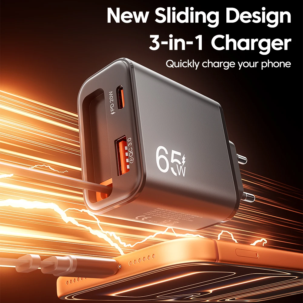 65W GaN Super Fast Charger Type C EU US UK Plug Retractable USB C Cable For iPhone15 16 17 Pro Xiaomi Samsung POCO Huawei Realme