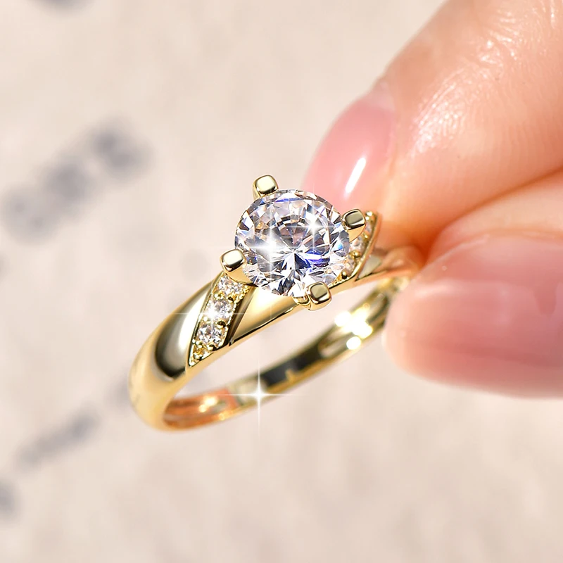 14K Gold Plated CZ Lab Diamond Promise Anniversary Ring 7mm Round Cut Cubic Zirconia Wedding Engagement Rings for Women