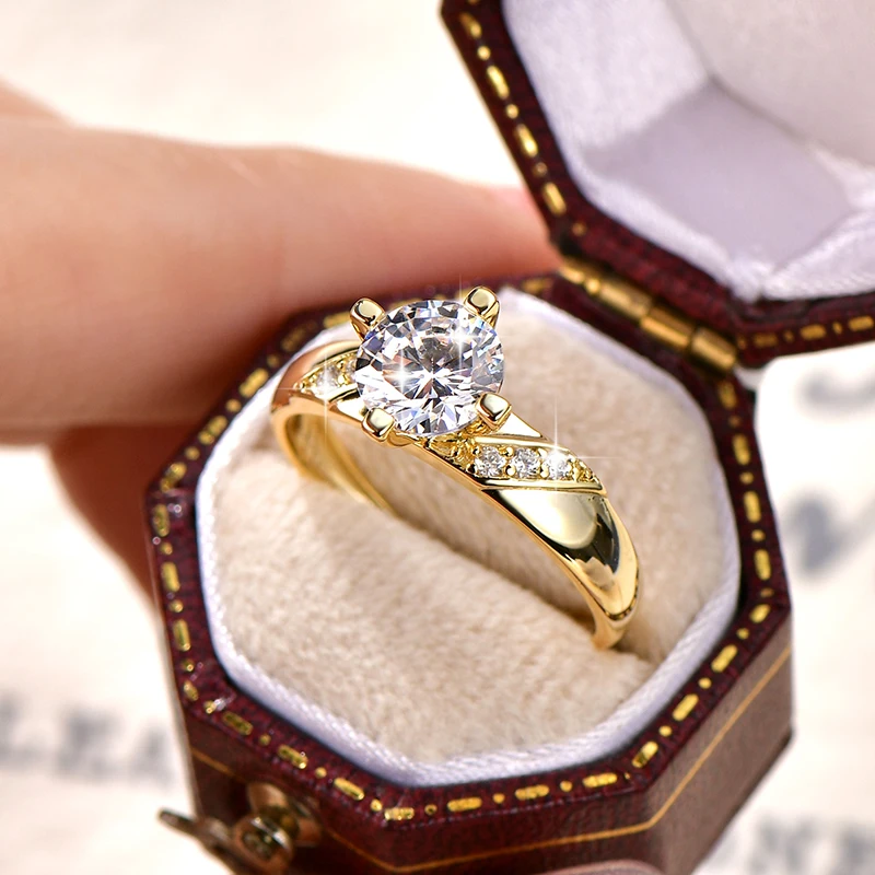 14K Gold Plated CZ Lab Diamond Promise Anniversary Ring 7mm Round Cut Cubic Zirconia Wedding Engagement Rings for Women