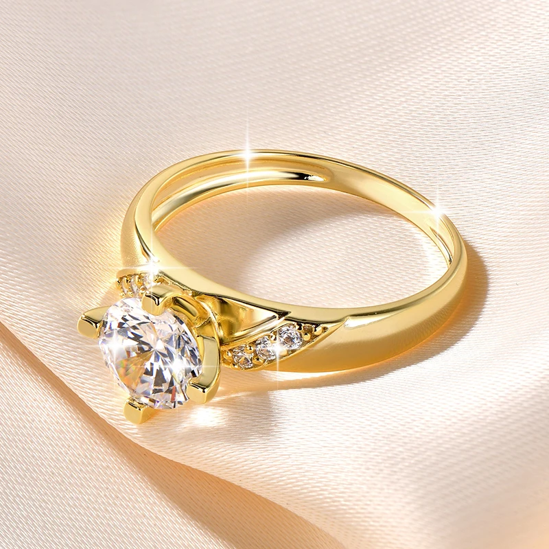 14K Gold Plated CZ Lab Diamond Promise Anniversary Ring 7mm Round Cut Cubic Zirconia Wedding Engagement Rings for Women