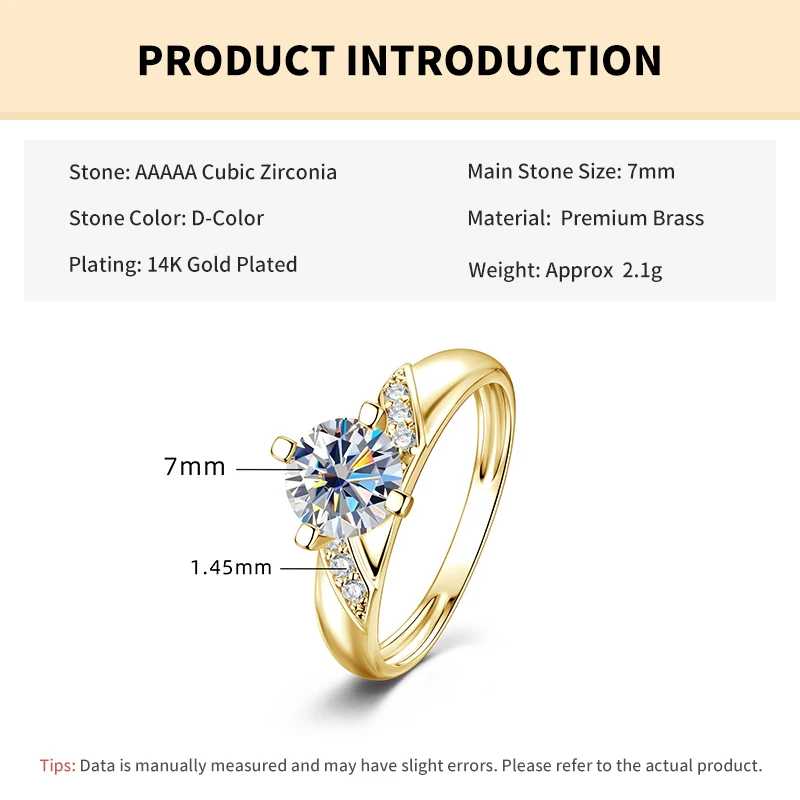 14K Gold Plated CZ Lab Diamond Promise Anniversary Ring 7mm Round Cut Cubic Zirconia Wedding Engagement Rings for Women