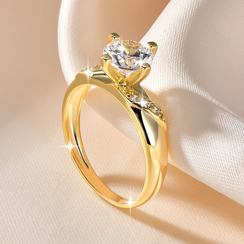 14K Gold Plated CZ Lab Diamond Promise Anniversary Ring 7mm Round Cut Cubic Zirconia Wedding Engagement Rings for Women