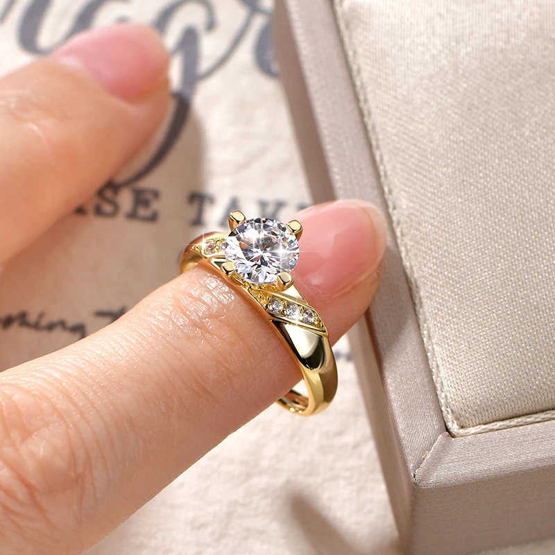 14K Gold Plated CZ Lab Diamond Promise Anniversary Ring 7mm Round Cut Cubic Zirconia Wedding Engagement Rings for Women