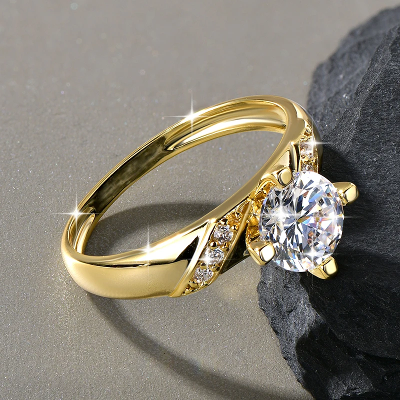 14K Gold Plated CZ Lab Diamond Promise Anniversary Ring 7mm Round Cut Cubic Zirconia Wedding Engagement Rings for Women