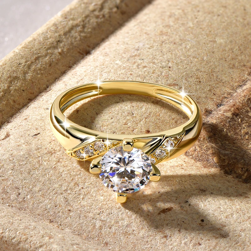 14K Gold Plated CZ Lab Diamond Promise Anniversary Ring 7mm Round Cut Cubic Zirconia Wedding Engagement Rings for Women
