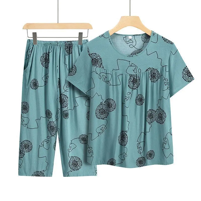 Summer Outfits Pijamas Feminino Casual Ice Silk Suit Loose Large Size Suit Short-sleeved Top Loose Two-piece Suit Plus Size