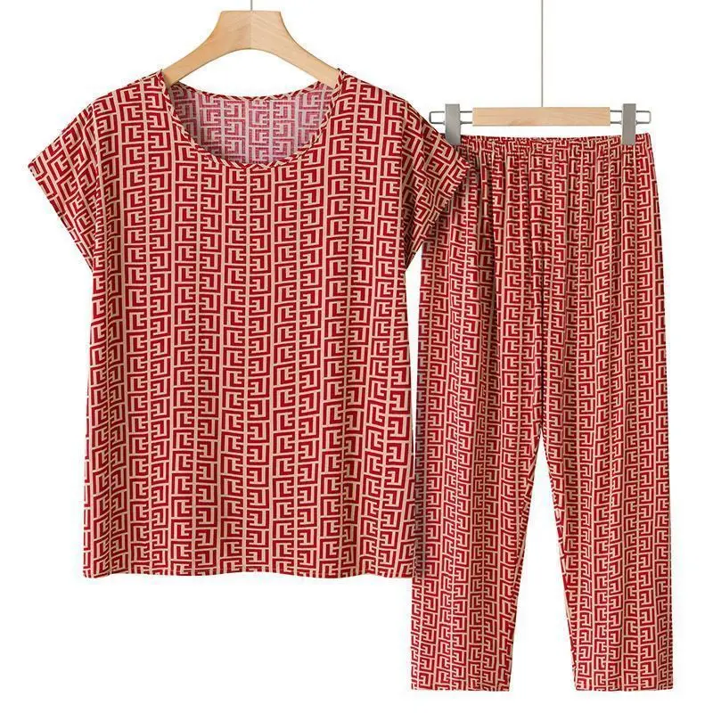 Summer Outfits Pijamas Feminino Casual Ice Silk Suit Loose Large Size Suit Short-sleeved Top Loose Two-piece Suit Plus Size
