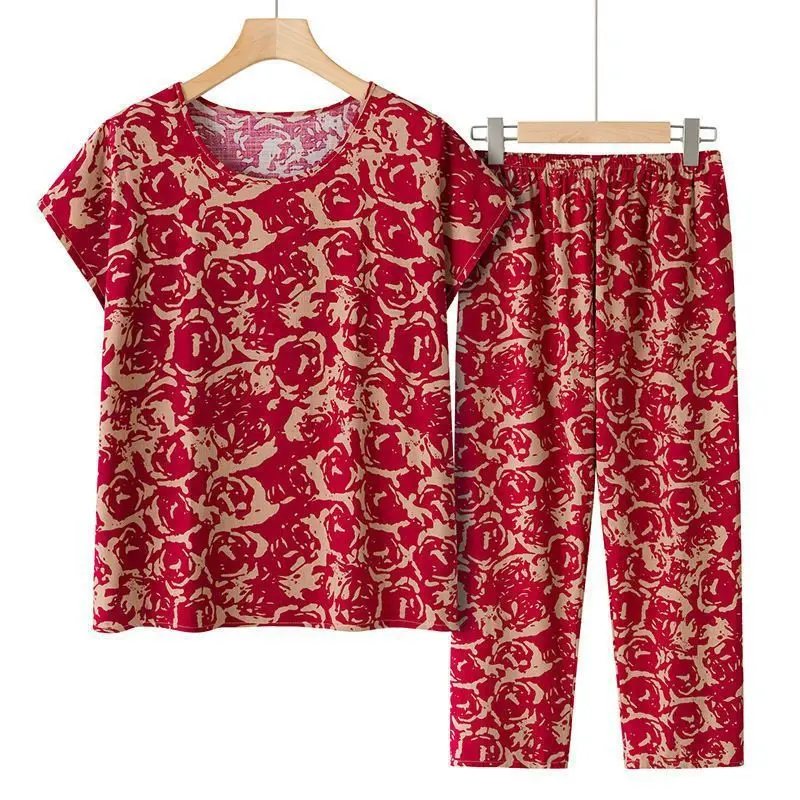 Summer Outfits Pijamas Feminino Casual Ice Silk Suit Loose Large Size Suit Short-sleeved Top Loose Two-piece Suit Plus Size