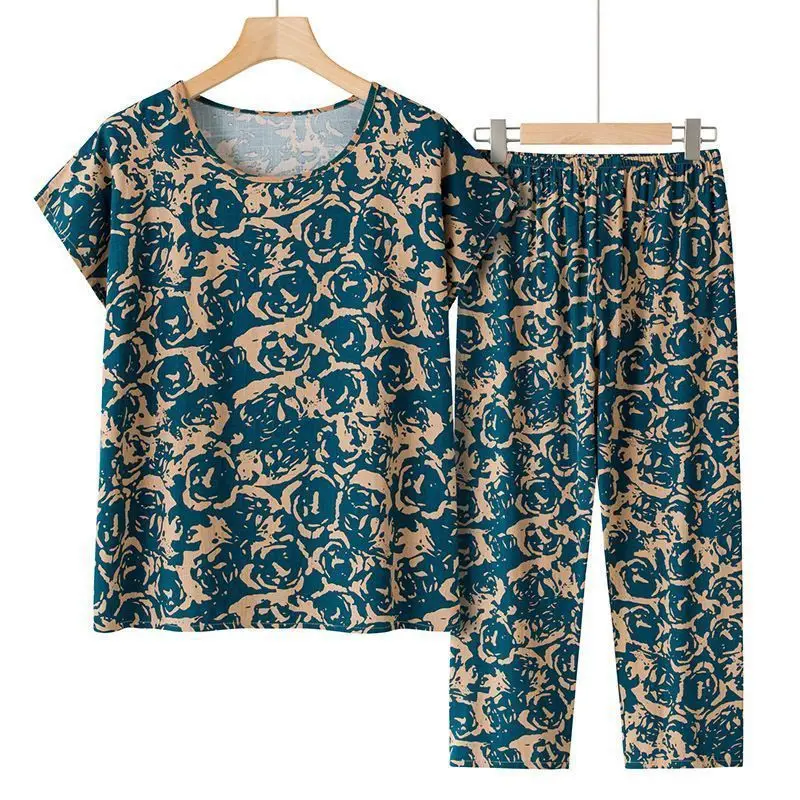 Summer Outfits Pijamas Feminino Casual Ice Silk Suit Loose Large Size Suit Short-sleeved Top Loose Two-piece Suit Plus Size
