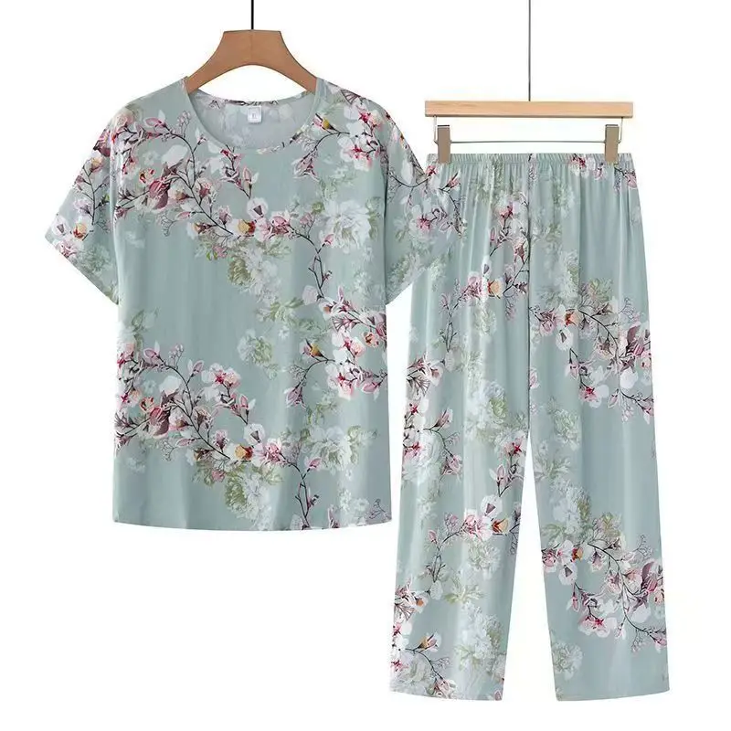 Summer Outfits Pijamas Feminino Casual Ice Silk Suit Loose Large Size Suit Short-sleeved Top Loose Two-piece Suit Plus Size