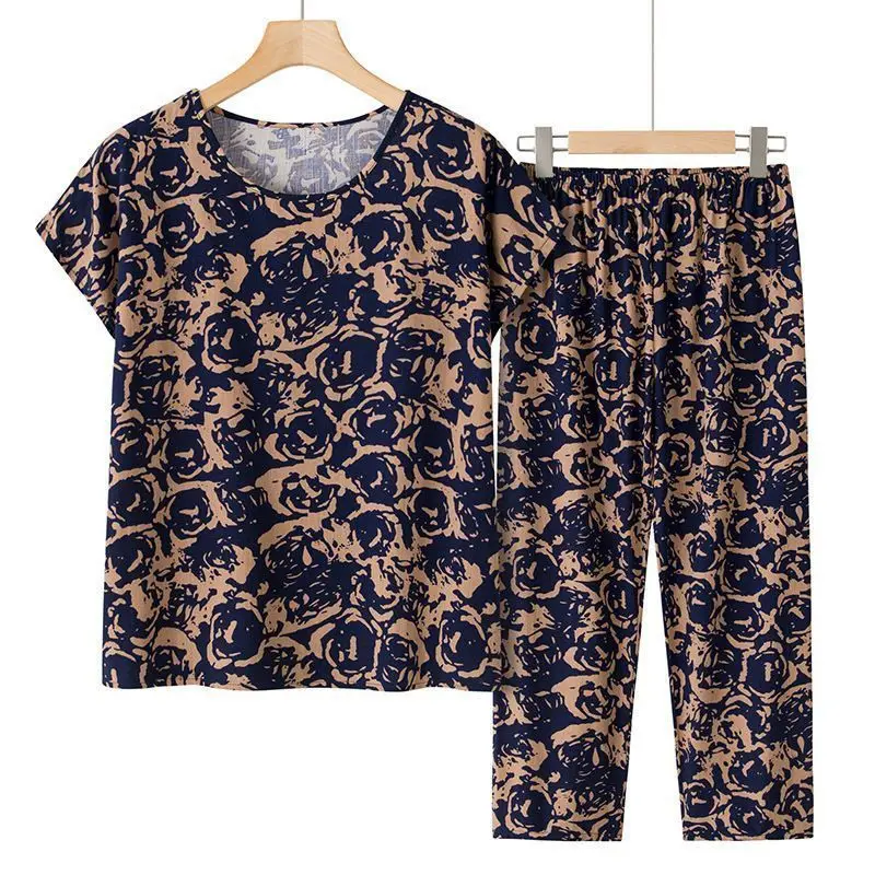 Summer Outfits Pijamas Feminino Casual Ice Silk Suit Loose Large Size Suit Short-sleeved Top Loose Two-piece Suit Plus Size