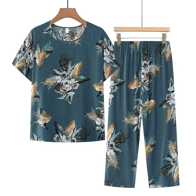 Summer Outfits Pijamas Feminino Casual Ice Silk Suit Loose Large Size Suit Short-sleeved Top Loose Two-piece Suit Plus Size