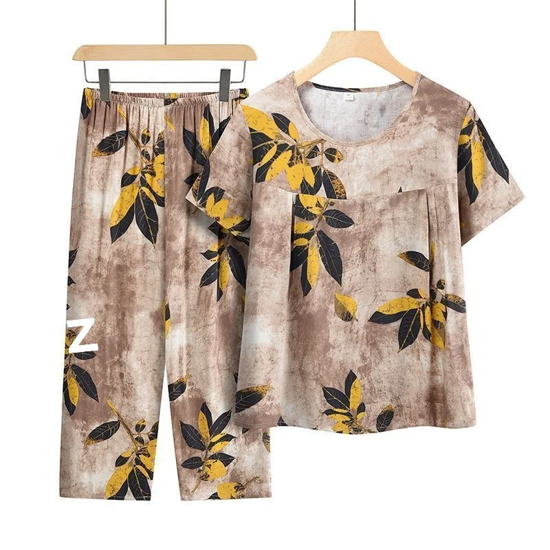 Summer Outfits Pijamas Feminino Casual Ice Silk Suit Loose Large Size Suit Short-sleeved Top Loose Two-piece Suit Plus Size