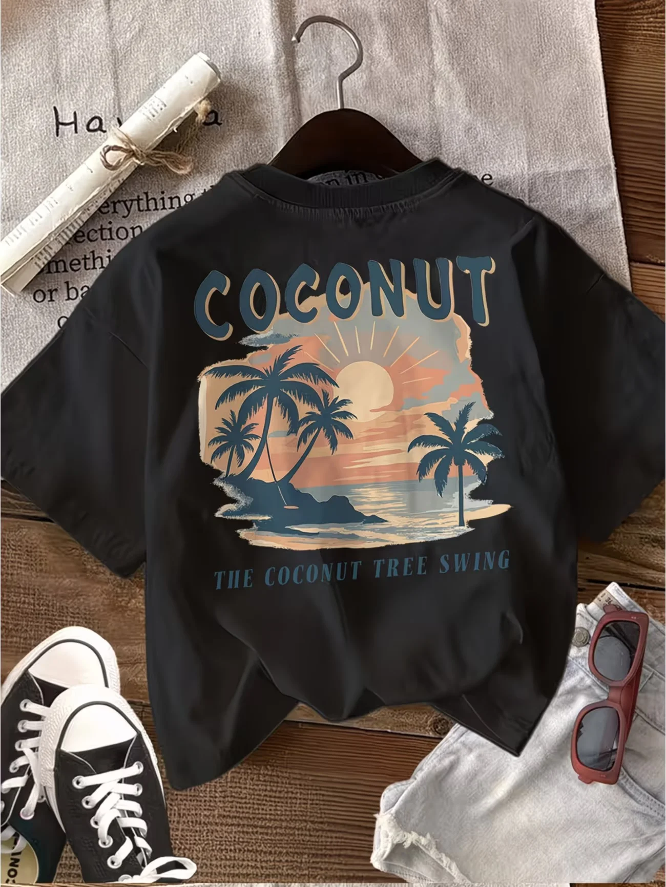 Vintage Tropical Coconut Tree T-Shirt Summer Beach Sunset Graphic Tee Harajuku Aesthetic Short Sleeve Fashion Streetwear Tops
