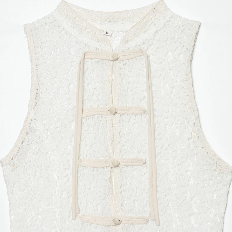 Women's Lace Tops Summer White Sheer Sleeveless Stand Collar Vest For Women See Through Slim Fit Tanks 2026 Elegant Women's Tops