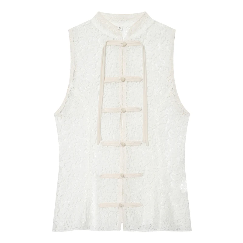 Women's Lace Tops Summer White Sheer Sleeveless Stand Collar Vest For Women See Through Slim Fit Tanks 2026 Elegant Women's Tops