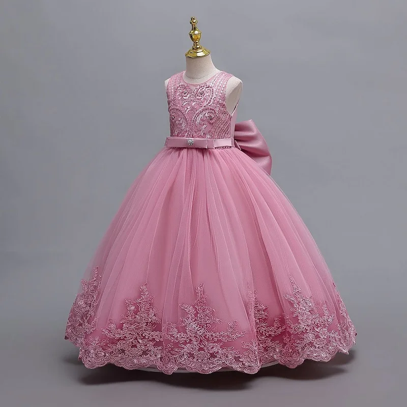 3-12 Year Old Children's Dress Embroidered Bow Lace Wedding Dress Girl Princess Dress for Birthday Party Evening Dress