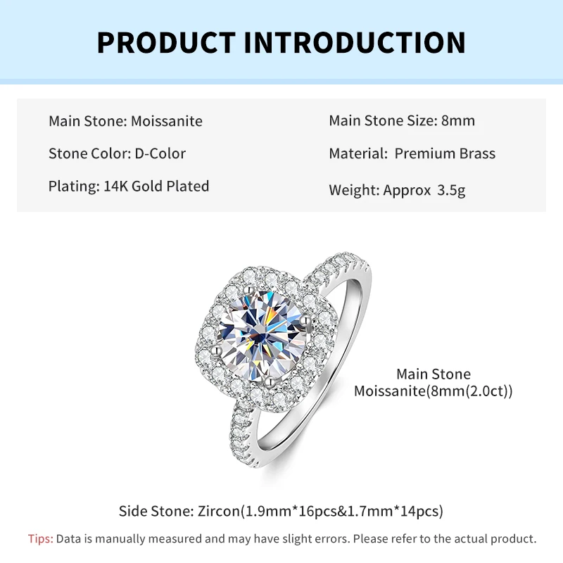 Rrjzz 8mm D Color Halo Round Moissanite Engagement Ring for Women 2CT VVS1 Lab Imitation Diamond Wedding Rings GRA Jewelry Gifts