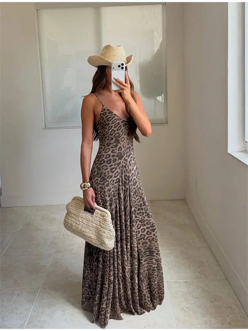 Women's Dress 2026 Summer New Leopard Print Spaghetti Strap A-Line Midi Dress Sexy Fashion Wild Individual Style