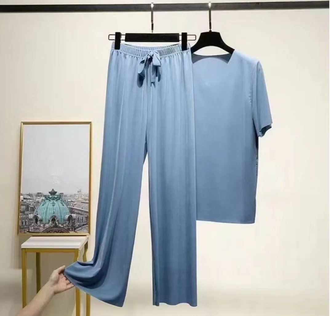 Spring Summer Two Piece Set V Neck Short Sleeve T Shirt Thin Solid Color Loungewear Loose Wide Leg Pants