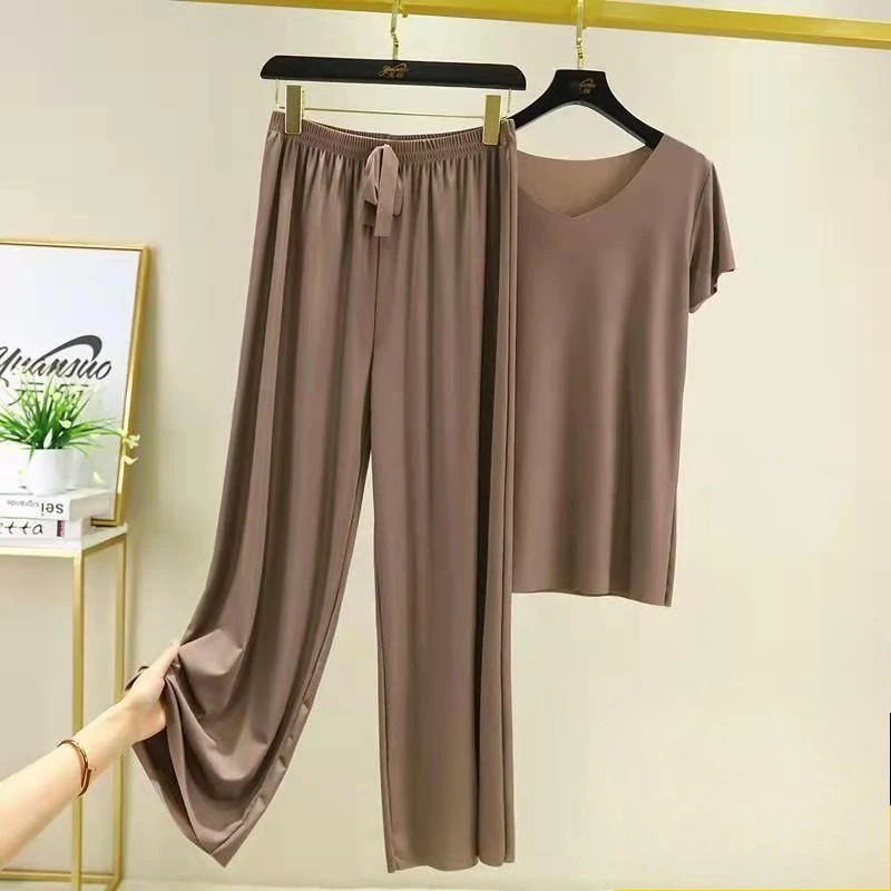 Spring Summer Two Piece Set V Neck Short Sleeve T Shirt Thin Solid Color Loungewear Loose Wide Leg Pants