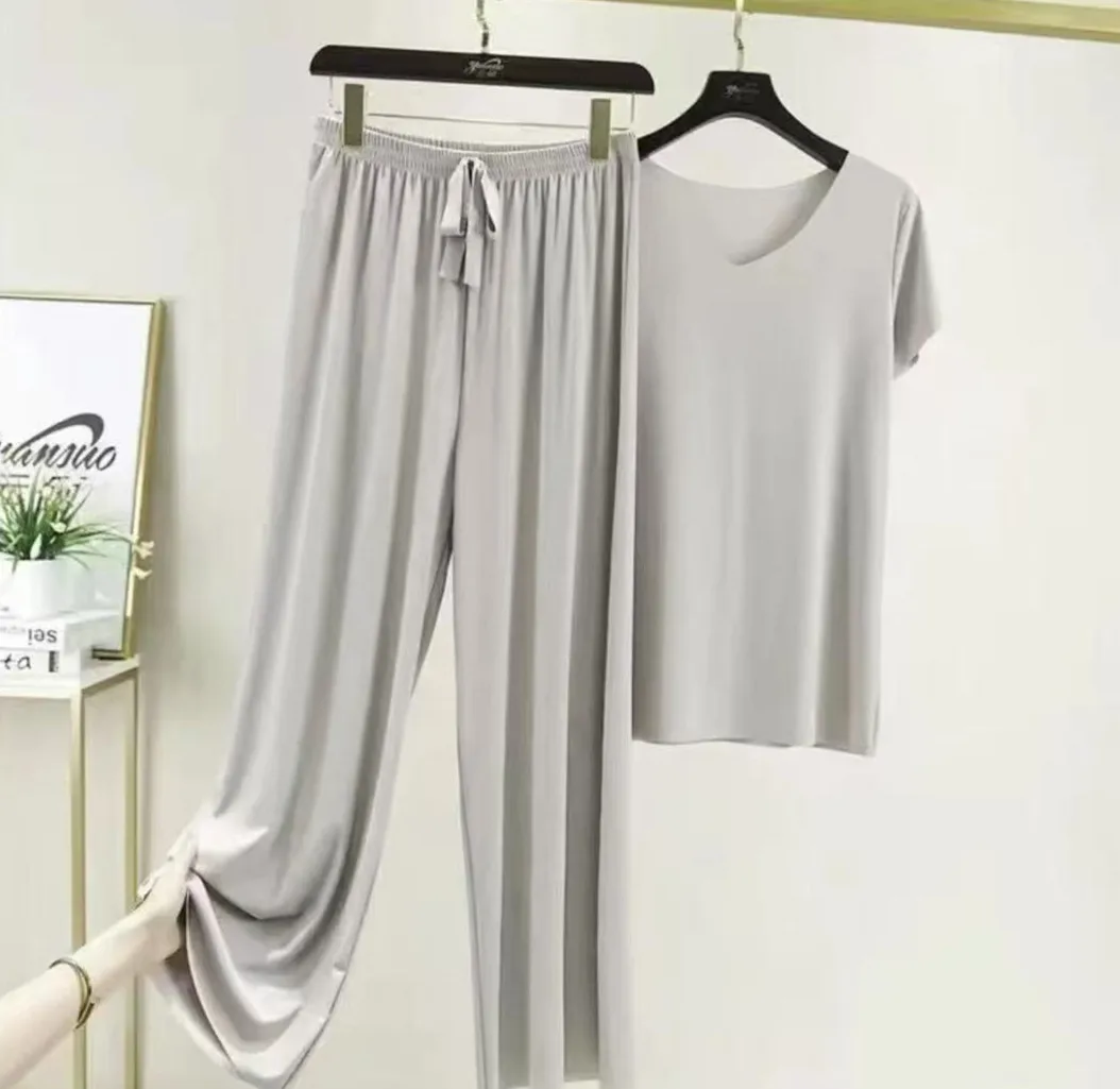 Spring Summer Two Piece Set V Neck Short Sleeve T Shirt Thin Solid Color Loungewear Loose Wide Leg Pants