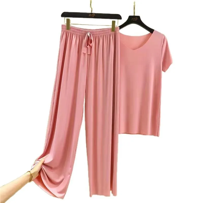 Spring Summer Two Piece Set V Neck Short Sleeve T Shirt Thin Solid Color Loungewear Loose Wide Leg Pants
