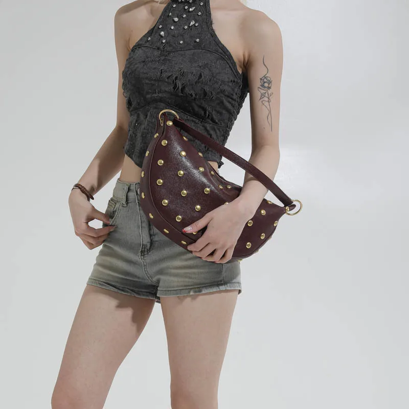 Fashion Retro Punk Women Hobo Bag,Black Leather-Look Shoulder Bag With Gold Studs, Large Capacity Daily Travel Crossbody Handbag