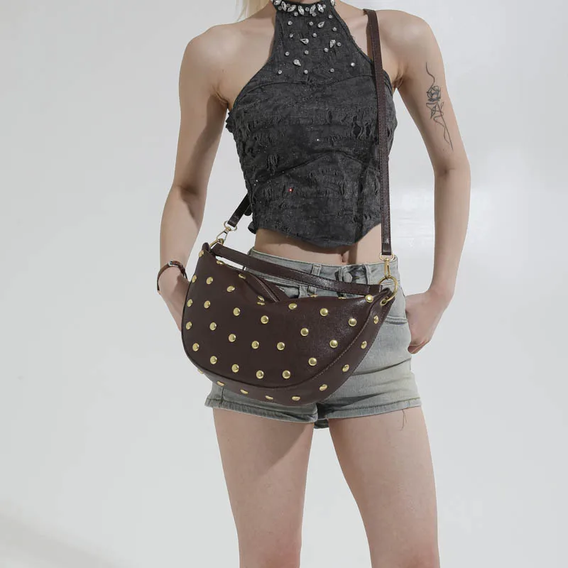 Fashion Retro Punk Women Hobo Bag,Black Leather-Look Shoulder Bag With Gold Studs, Large Capacity Daily Travel Crossbody Handbag