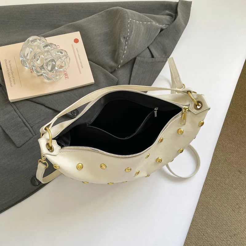 Fashion Retro Punk Women Hobo Bag,Black Leather-Look Shoulder Bag With Gold Studs, Large Capacity Daily Travel Crossbody Handbag