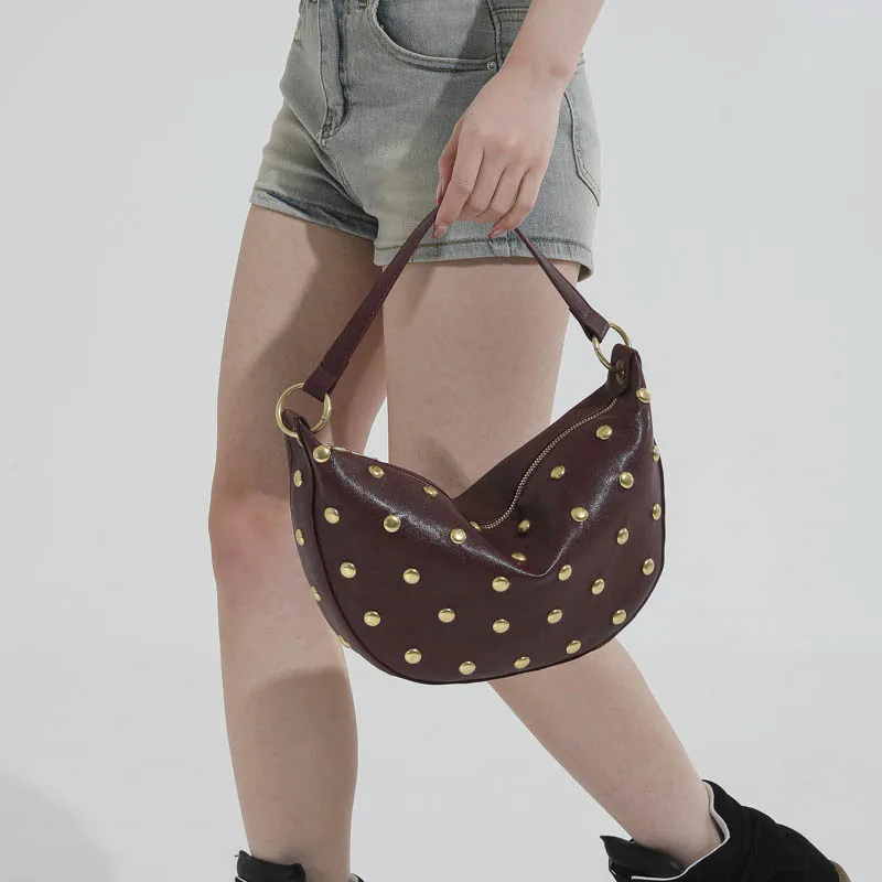Fashion Retro Punk Women Hobo Bag,Black Leather-Look Shoulder Bag With Gold Studs, Large Capacity Daily Travel Crossbody Handbag