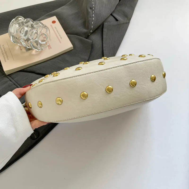 Fashion Retro Punk Women Hobo Bag,Black Leather-Look Shoulder Bag With Gold Studs, Large Capacity Daily Travel Crossbody Handbag