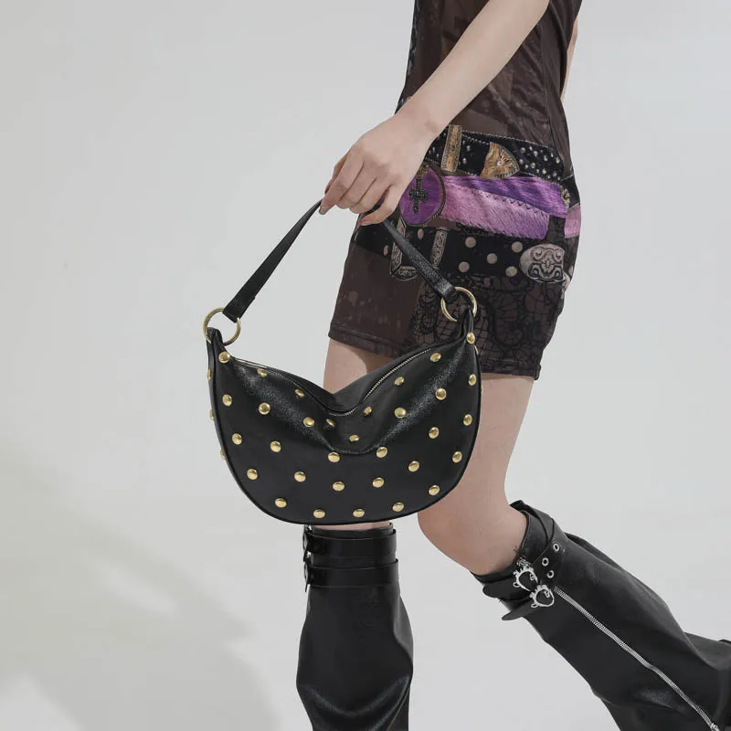 Fashion Retro Punk Women Hobo Bag,Black Leather-Look Shoulder Bag With Gold Studs, Large Capacity Daily Travel Crossbody Handbag