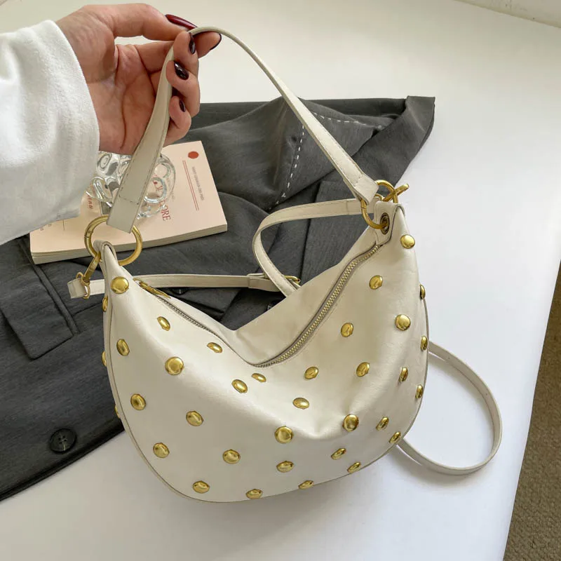 Fashion Retro Punk Women Hobo Bag,Black Leather-Look Shoulder Bag With Gold Studs, Large Capacity Daily Travel Crossbody Handbag