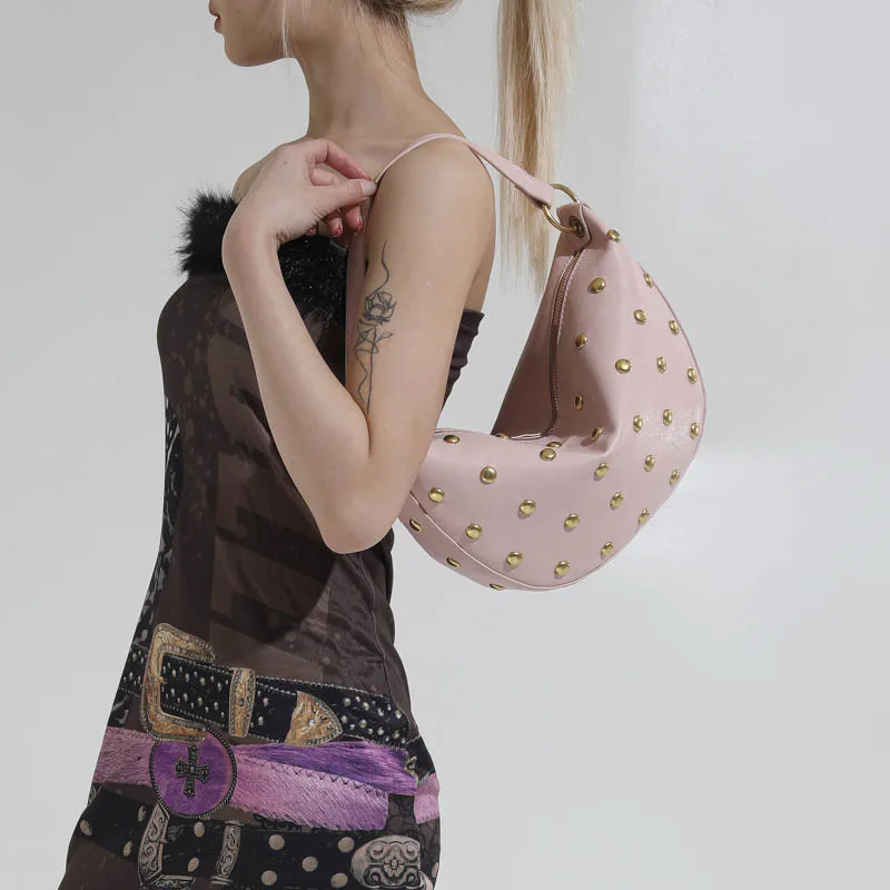 Fashion Retro Punk Women Hobo Bag,Black Leather-Look Shoulder Bag With Gold Studs, Large Capacity Daily Travel Crossbody Handbag