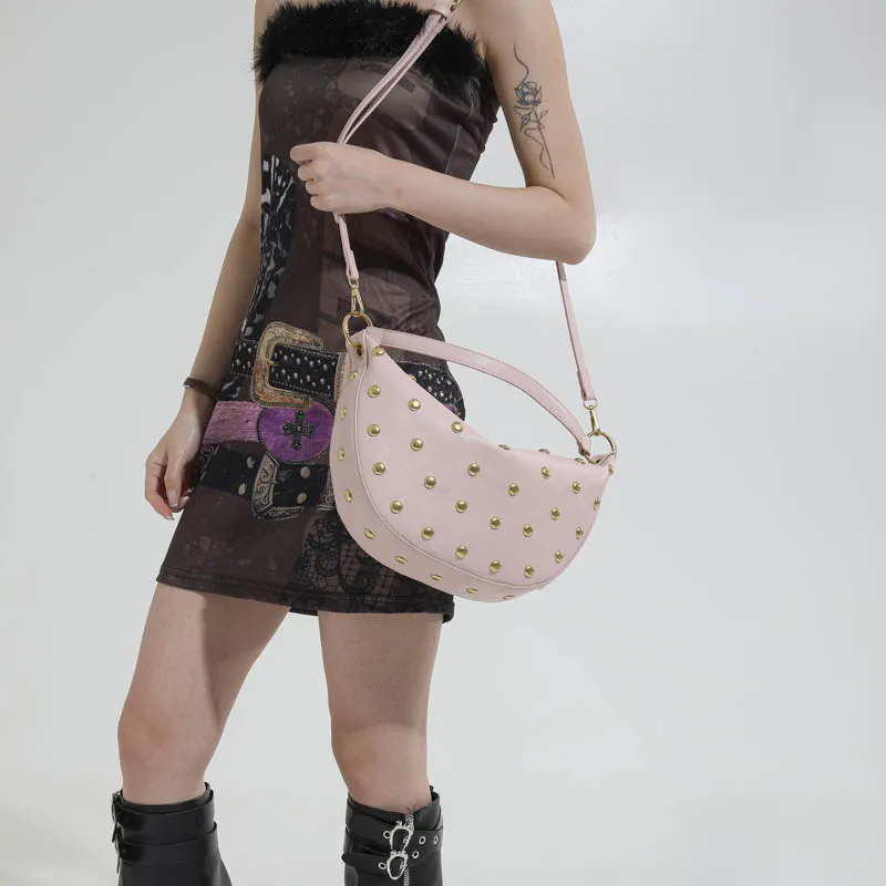 Fashion Retro Punk Women Hobo Bag,Black Leather-Look Shoulder Bag With Gold Studs, Large Capacity Daily Travel Crossbody Handbag