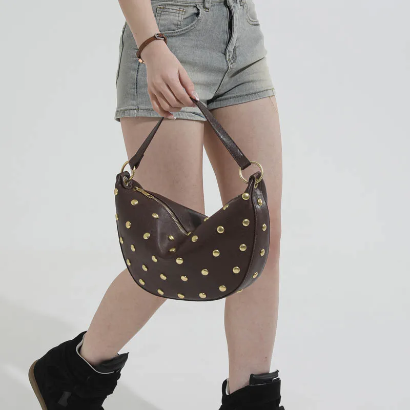 Fashion Retro Punk Women Hobo Bag,Black Leather-Look Shoulder Bag With Gold Studs, Large Capacity Daily Travel Crossbody Handbag