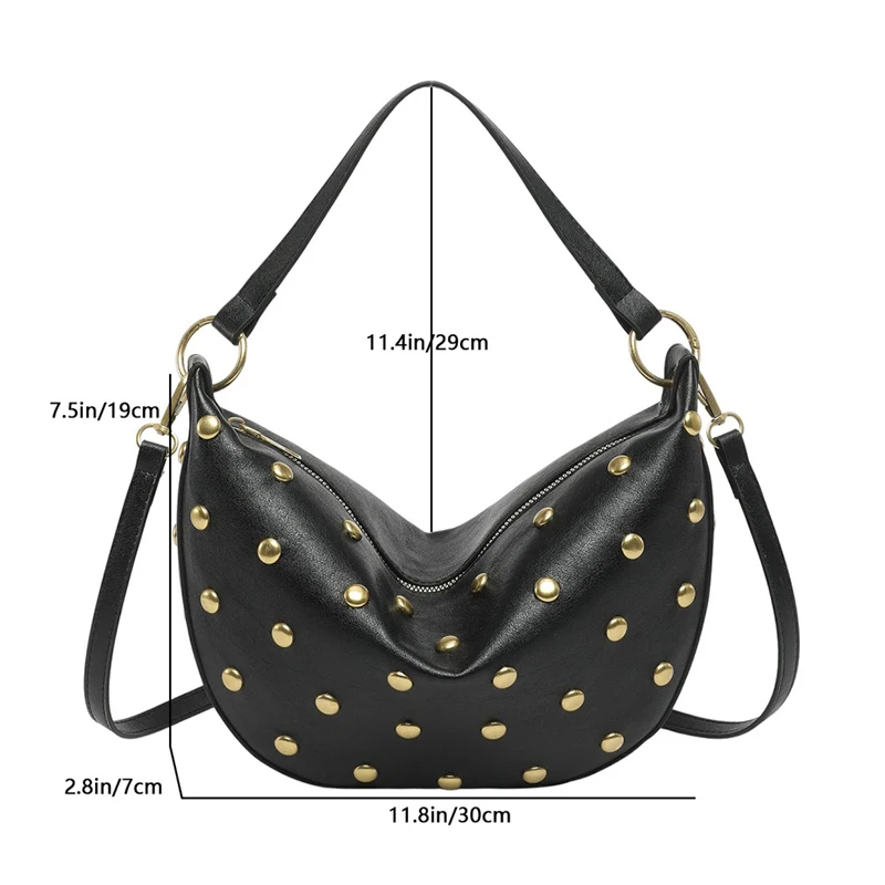 Fashion Retro Punk Women Hobo Bag,Black Leather-Look Shoulder Bag With Gold Studs, Large Capacity Daily Travel Crossbody Handbag