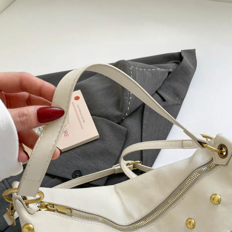 Fashion Retro Punk Women Hobo Bag,Black Leather-Look Shoulder Bag With Gold Studs, Large Capacity Daily Travel Crossbody Handbag