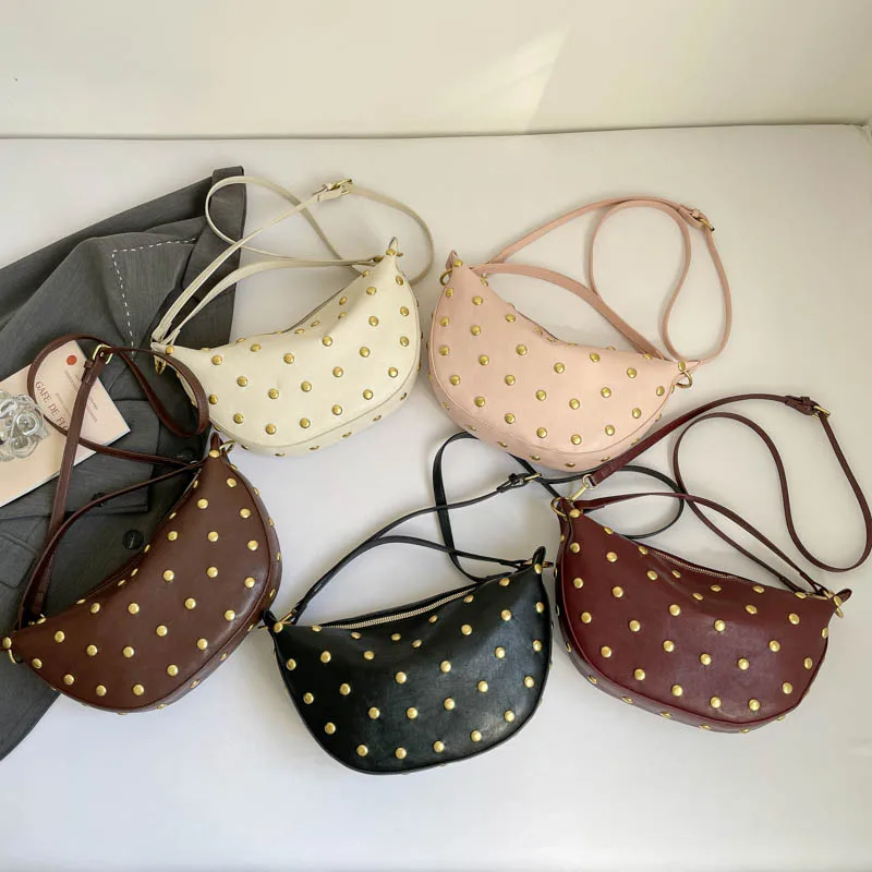 Fashion Retro Punk Women Hobo Bag,Black Leather-Look Shoulder Bag With Gold Studs, Large Capacity Daily Travel Crossbody Handbag
