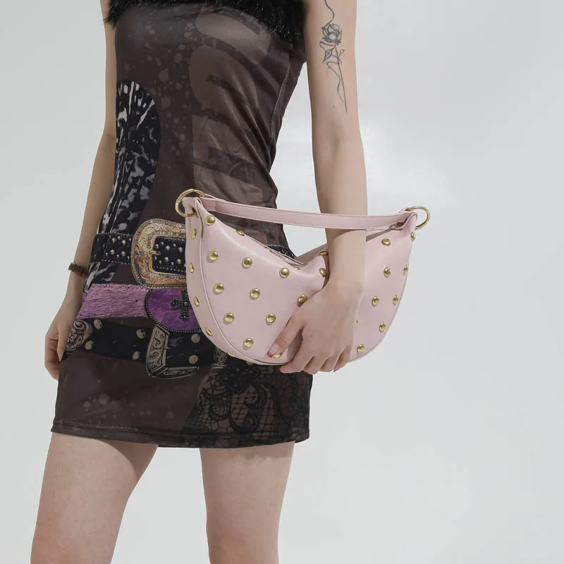 Fashion Retro Punk Women Hobo Bag,Black Leather-Look Shoulder Bag With Gold Studs, Large Capacity Daily Travel Crossbody Handbag