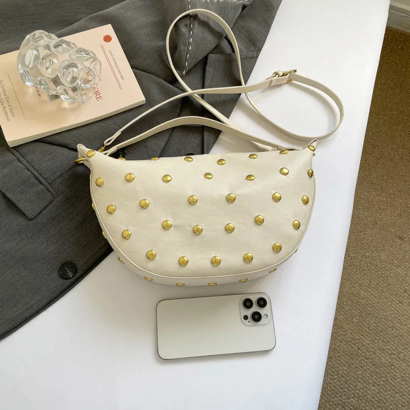 Fashion Retro Punk Women Hobo Bag,Black Leather-Look Shoulder Bag With Gold Studs, Large Capacity Daily Travel Crossbody Handbag