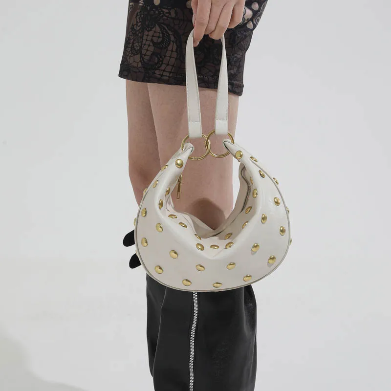 Fashion Retro Punk Women Hobo Bag,Black Leather-Look Shoulder Bag With Gold Studs, Large Capacity Daily Travel Crossbody Handbag
