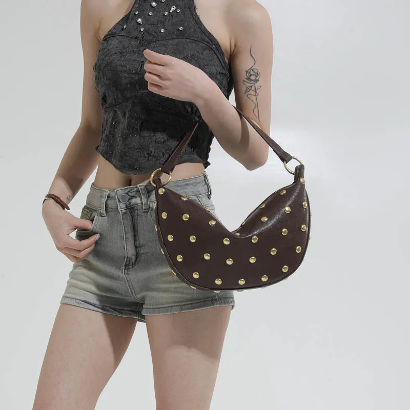 Fashion Retro Punk Women Hobo Bag,Black Leather-Look Shoulder Bag With Gold Studs, Large Capacity Daily Travel Crossbody Handbag