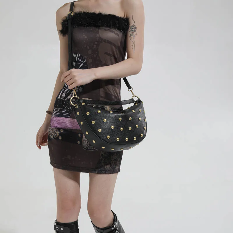 Fashion Retro Punk Women Hobo Bag,Black Leather-Look Shoulder Bag With Gold Studs, Large Capacity Daily Travel Crossbody Handbag