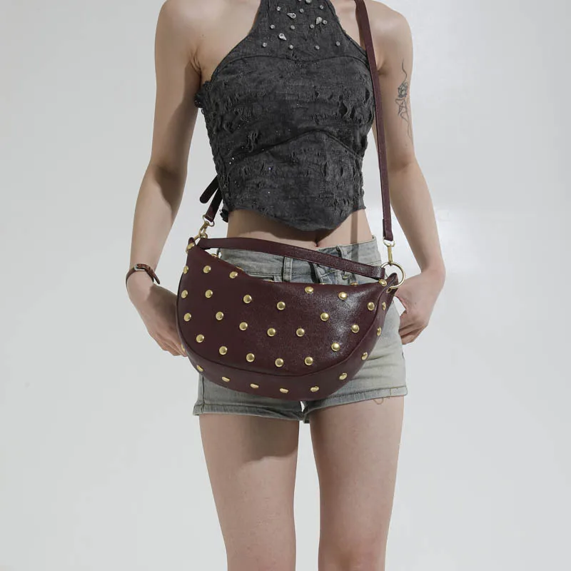Fashion Retro Punk Women Hobo Bag,Black Leather-Look Shoulder Bag With Gold Studs, Large Capacity Daily Travel Crossbody Handbag