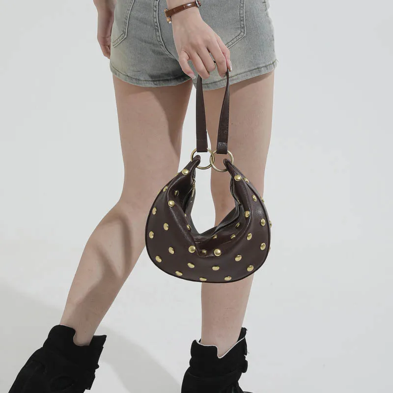 Fashion Retro Punk Women Hobo Bag,Black Leather-Look Shoulder Bag With Gold Studs, Large Capacity Daily Travel Crossbody Handbag