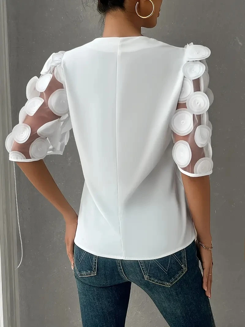 Women V Neck Blouse With Sheer Puff Sleeves And 3D Circle Appliques Casual Elegant Party Top