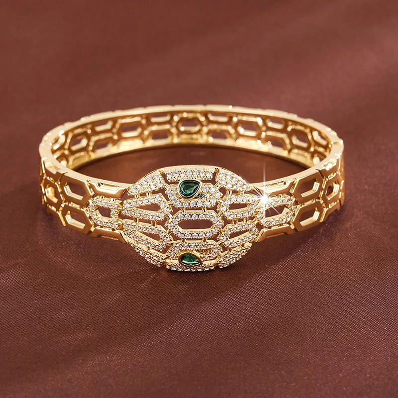 Creative Multi-Purpose Hollow Wide-Face Snake-Shaped Gemstone Bracelet Made Of Zirconium For Women As A Festive Gift