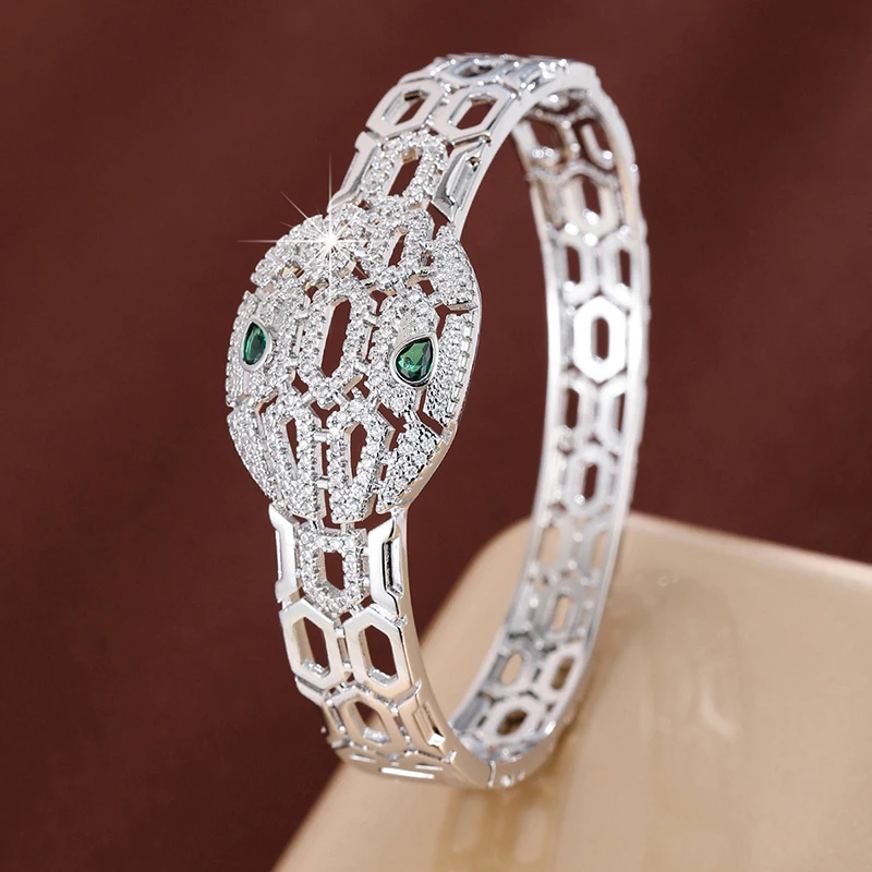 Creative Multi-Purpose Hollow Wide-Face Snake-Shaped Gemstone Bracelet Made Of Zirconium For Women As A Festive Gift
